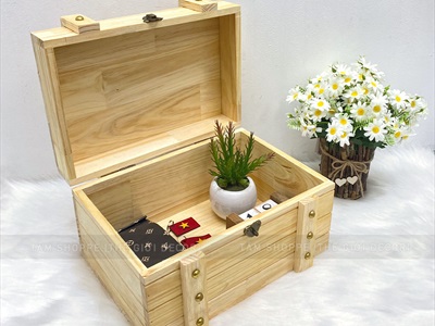 Rương gỗ viền nẹp đinh tán giả cổ 35cm (tặng ổ khoá) RUONG-GO-01